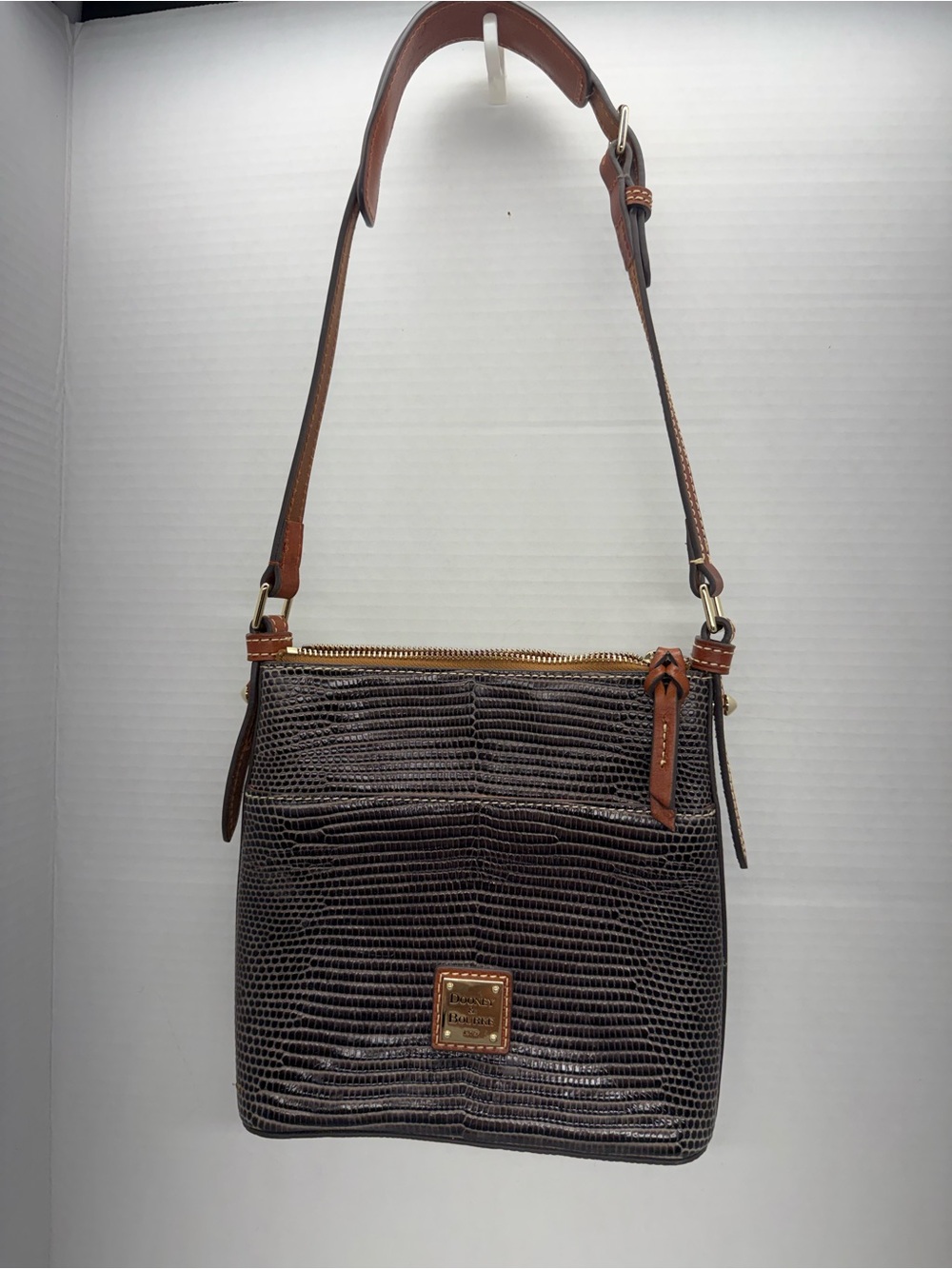Dooney & Bourke Lizard Embossed Leather Letter Carrier Crossbody Bag Brown